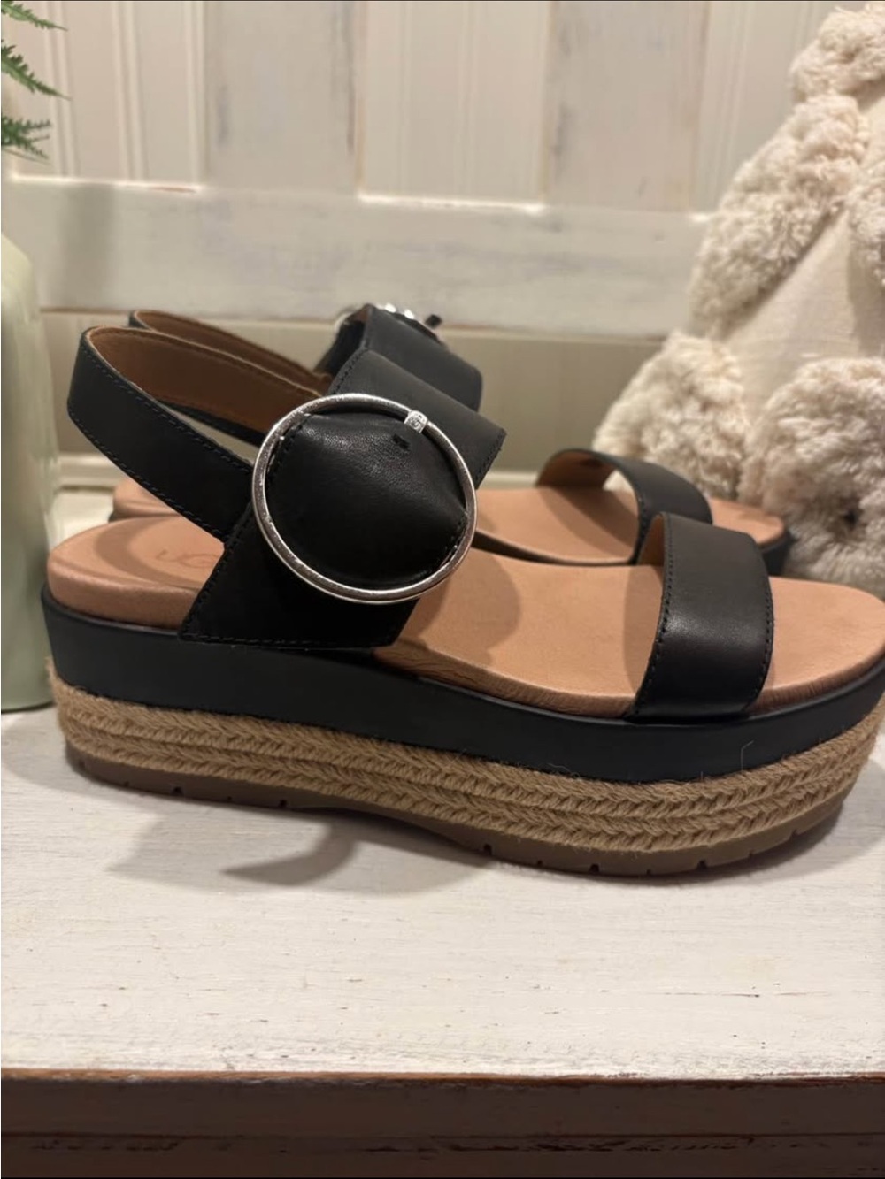 UGG Black Leather Platform Espadrille Sandal with Silver Buckle